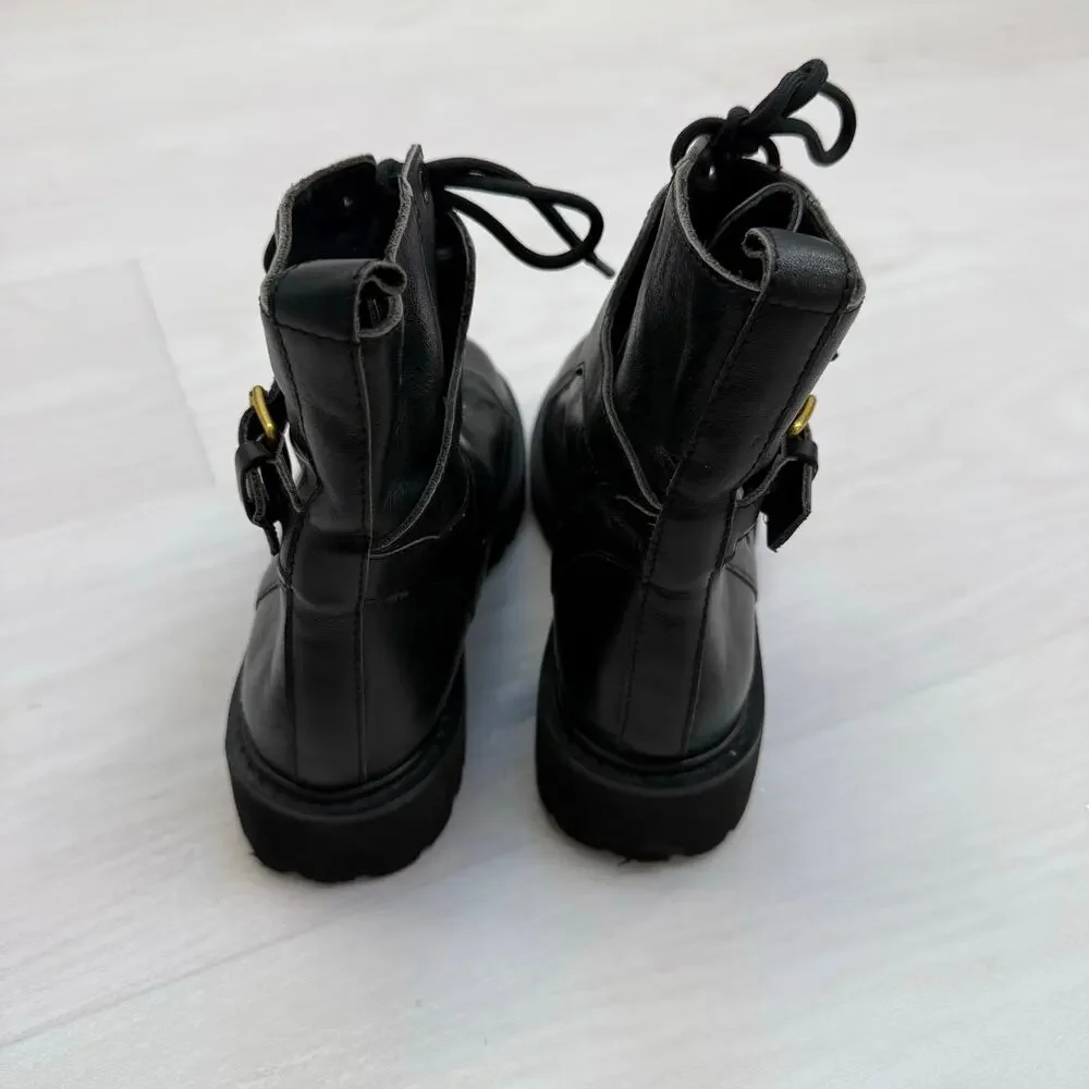 Valentino Black Leather Lace-Up Boots with Gold V-Buckle